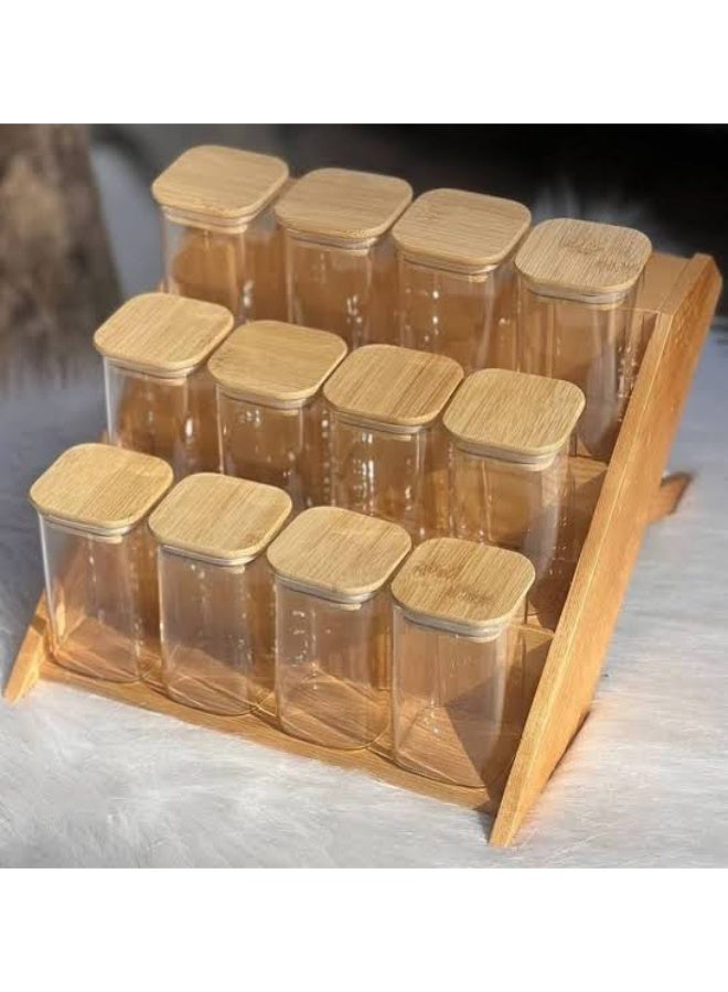 12 برطمان زجاج  مربع بغطا خش200 مل  مع سلم خشبي منظم للتوابل مع استيكرات بأسماء التوابل هديه - Image 3